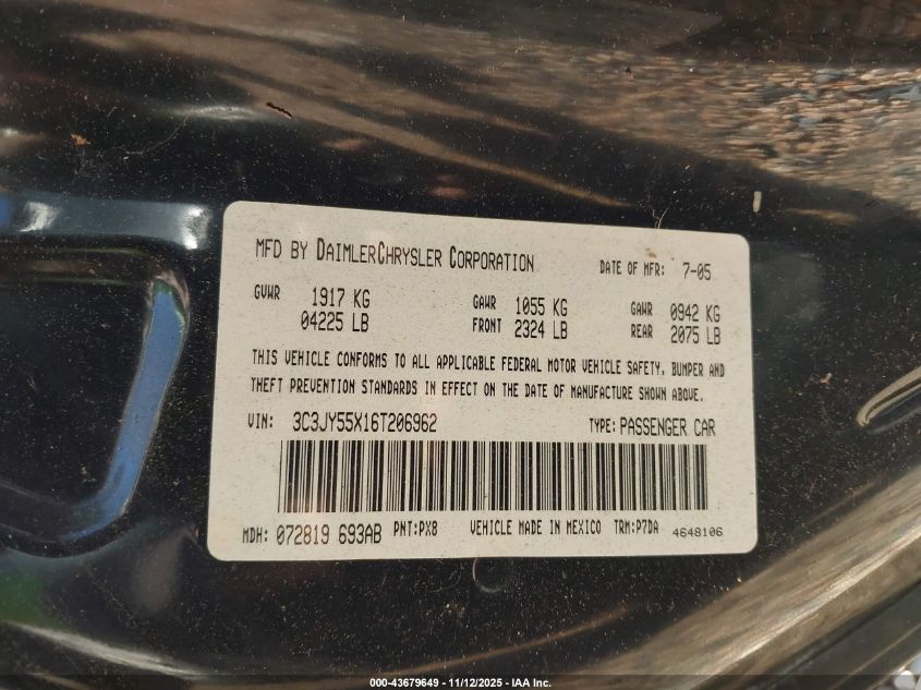 2006 Chrysler Pt Cruiser Touring VIN: 3C3JY55X16T206962 Lot: 43679649