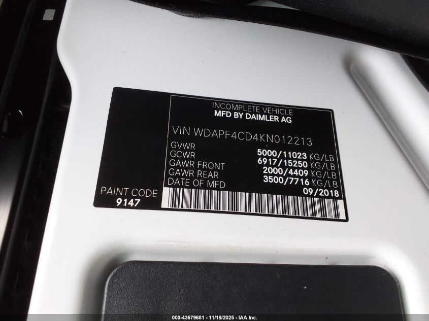 2019 Mercedes-Benz Sprinter 4500 Standard Roof V6 VIN: WDAPF4CD4KN012213 Lot: 43679681