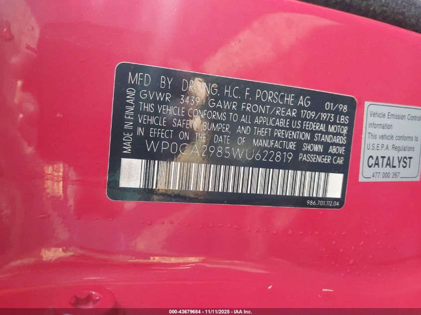 1998 Porsche Boxster VIN: WP0CA2985WU622819 Lot: 43679684