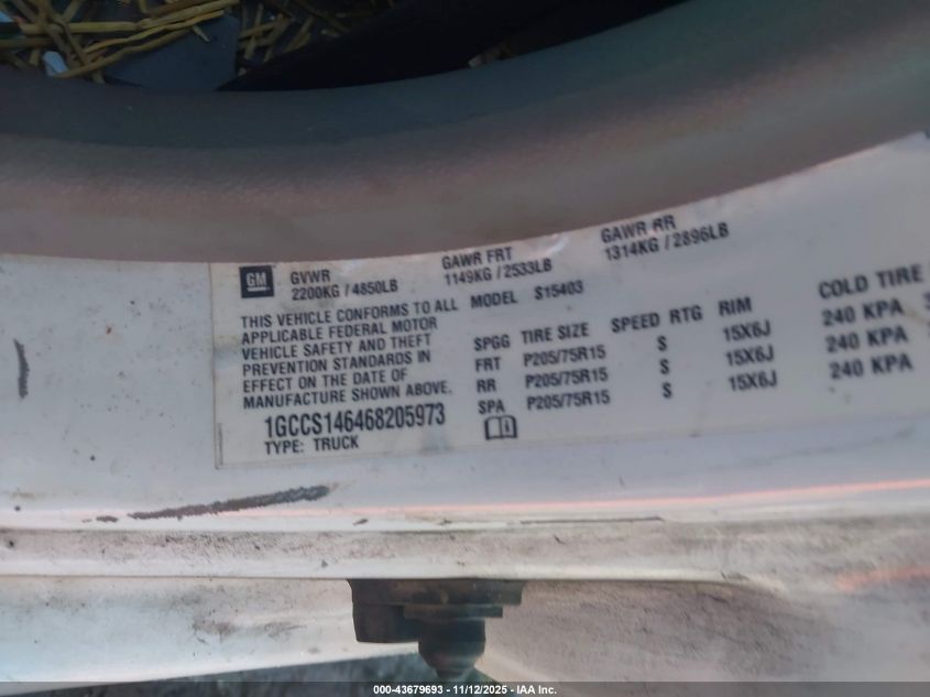 2006 Chevrolet Colorado Work Truck VIN: 1GCCS146468205973 Lot: 43679693