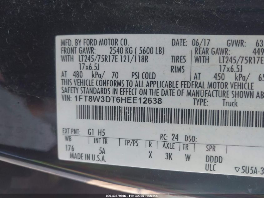 2017 Ford F-350 Lariat VIN: 1FT8W3DT6HEE12638 Lot: 43679696