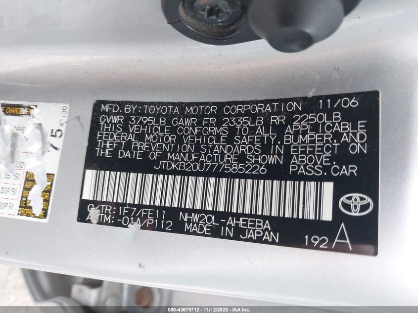 2007 Toyota Prius VIN: JTDKB20U777585226 Lot: 43679712