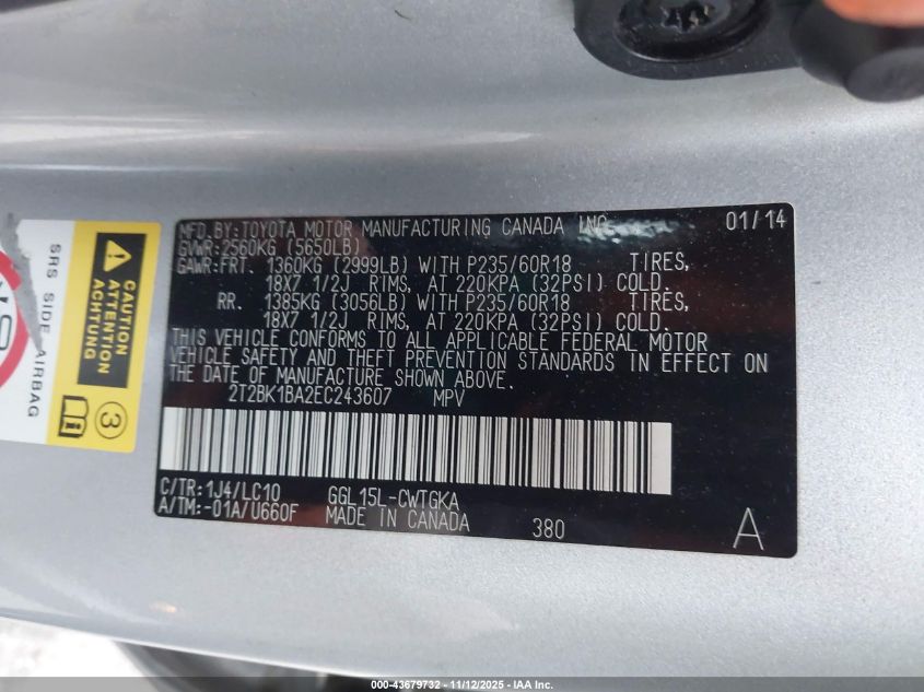 2014 Lexus Rx 350 VIN: 2T2BK1BA2EC243607 Lot: 43679732