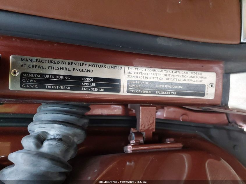 2007 Bentley Continental Gtc VIN: SCBDR33W07C044326 Lot: 43679739