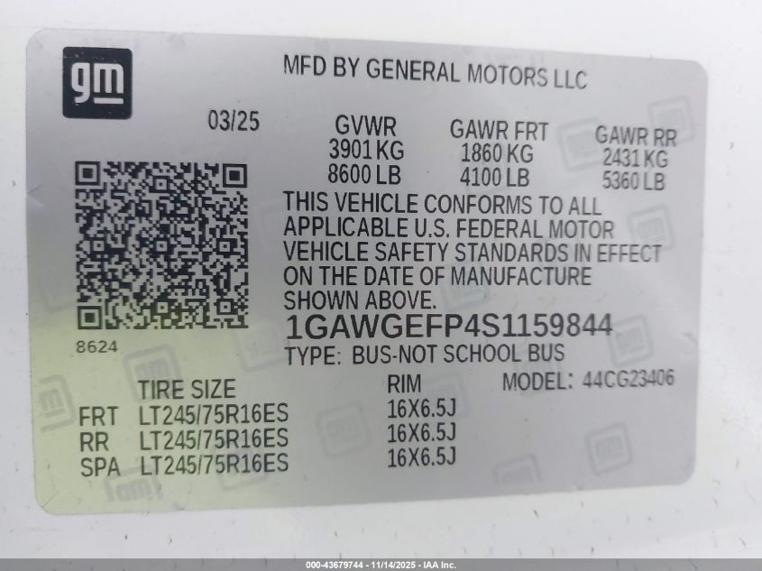 2025 Chevrolet Express Passenger Rwd 2500 Regular Wheelbase Ls VIN: 1GAWGEFP4S1159844 Lot: 43679744