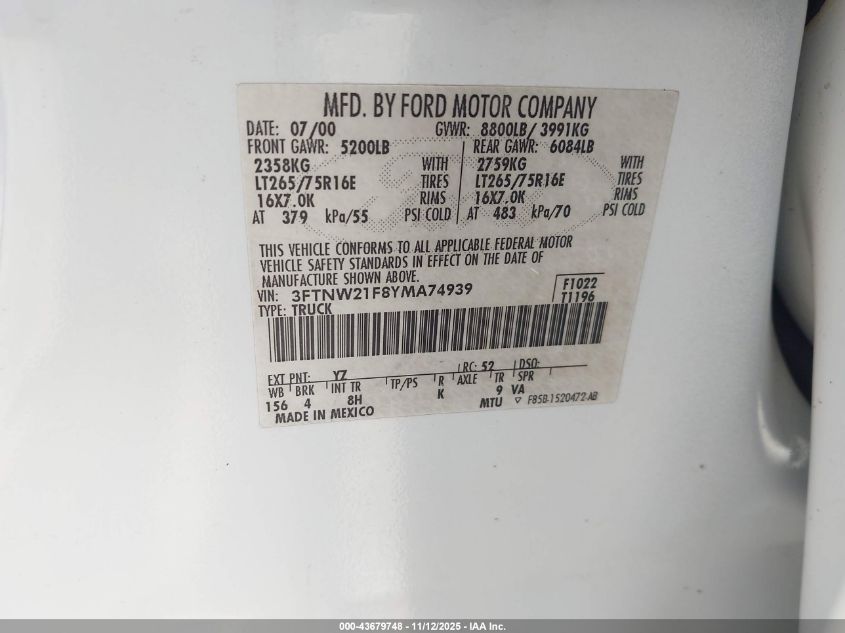 2000 Ford Super Duty F-250 Lariat/Xl/Xlt VIN: 3FTNW21F8YMA74939 Lot: 43679748