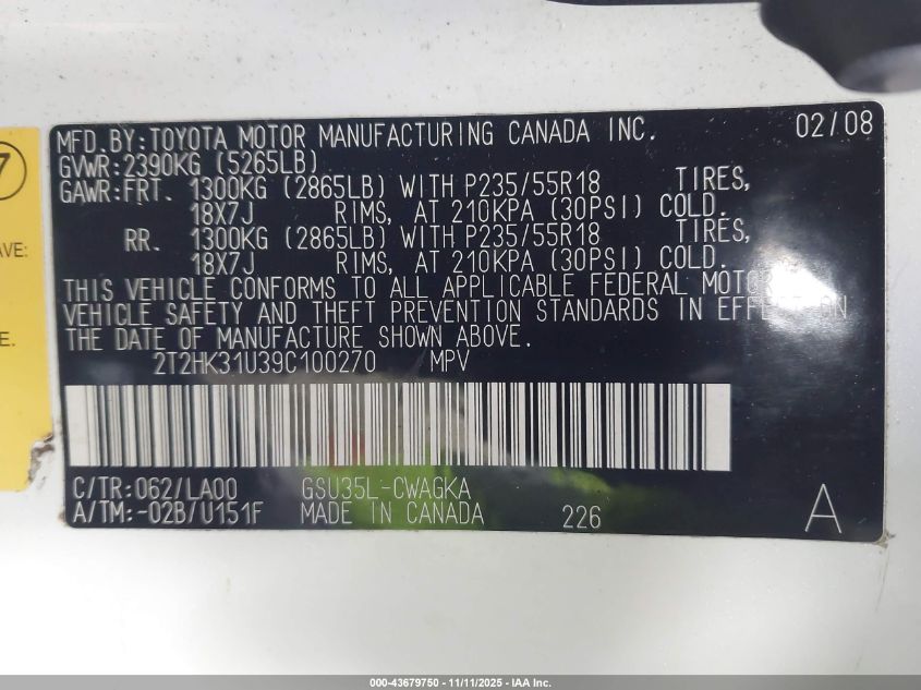 2009 Lexus Rx 350 VIN: 2T2HK31U39C100270 Lot: 43679750