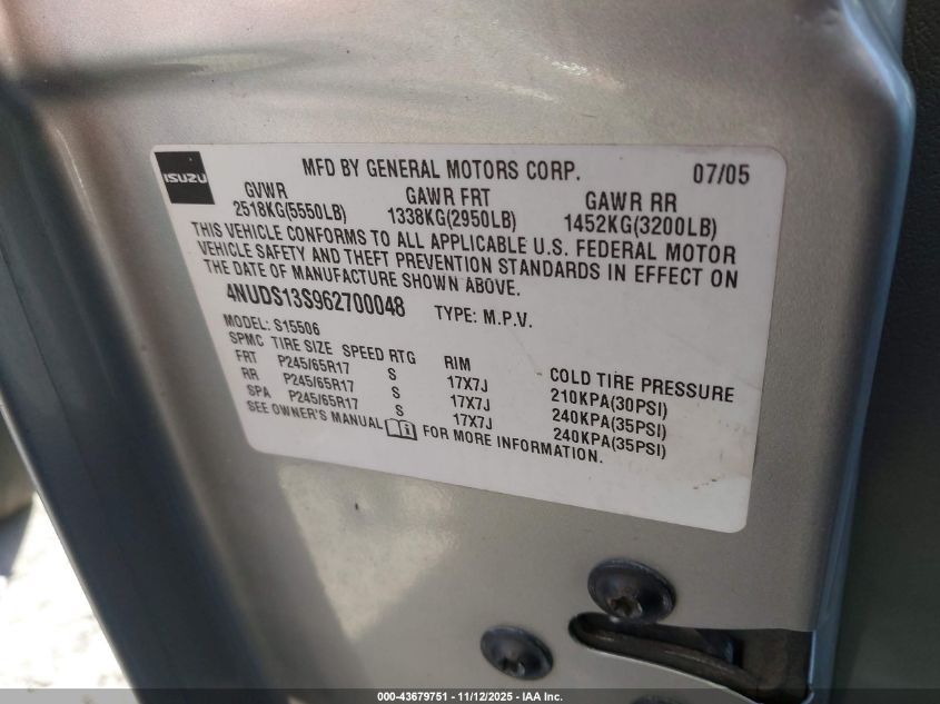 2006 Isuzu Ascender S VIN: 4NUDS13S962700048 Lot: 43679751