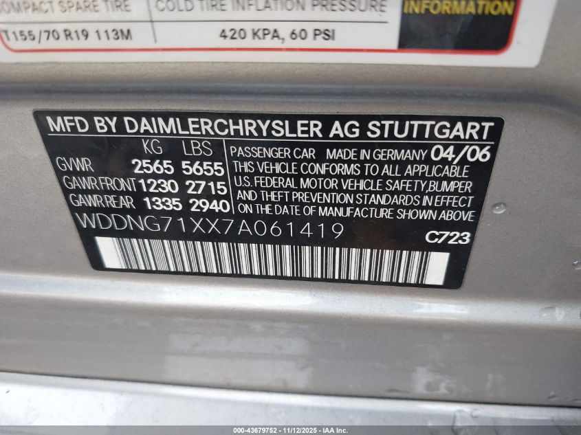 2007 Mercedes-Benz S 550 VIN: WDDNG71XX7A061419 Lot: 43679752