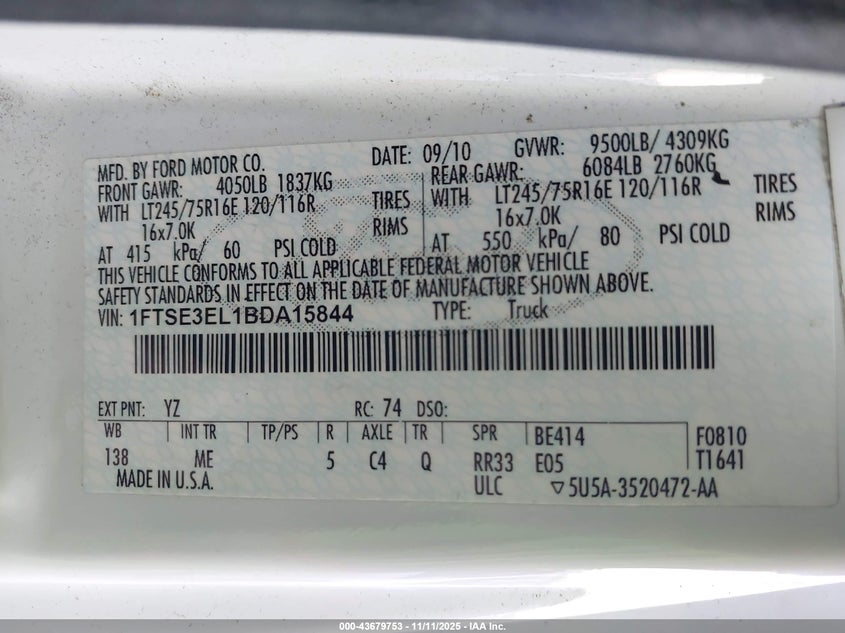 2011 Ford E-350 Super Duty Commercial VIN: 1FTSE3EL1BDA15844 Lot: 43679753