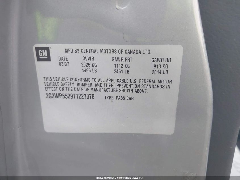 2007 Pontiac Grand Prix VIN: 2G2WP552971227378 Lot: 43679756