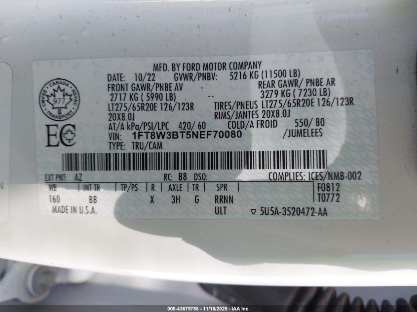 2022 Ford F-350 Platinum VIN: 1FT8W3BT5NEF70080 Lot: 43679758