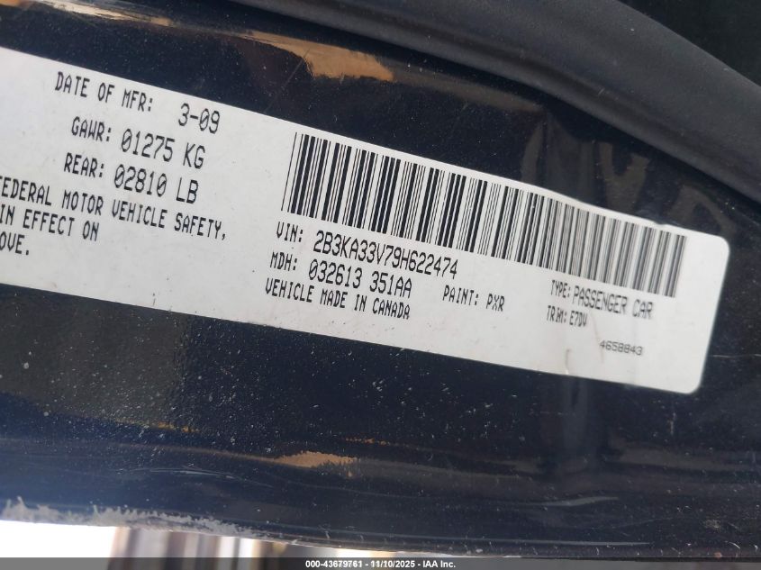 2009 Dodge Charger Sxt VIN: 2B3KA33V79H622474 Lot: 43679761