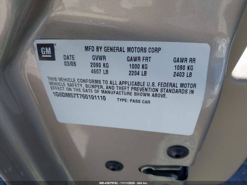2006 Cadillac Cts Standard VIN: 1G6DM57T760191110 Lot: 43679762