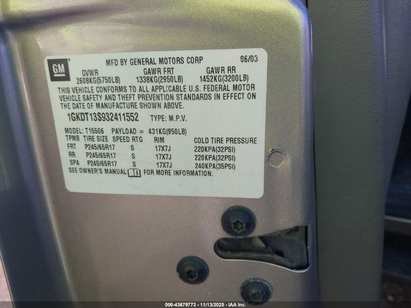 2003 GMC Envoy Slt VIN: 1GKDT13S932411552 Lot: 43679773