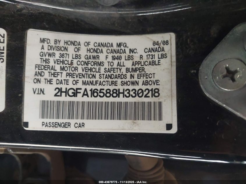 2008 Honda Civic Lx VIN: 2HGFA16588H330218 Lot: 43679775