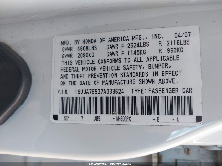 2007 Acura Tl Type S VIN: 19UUA76537A033624 Lot: 43679778