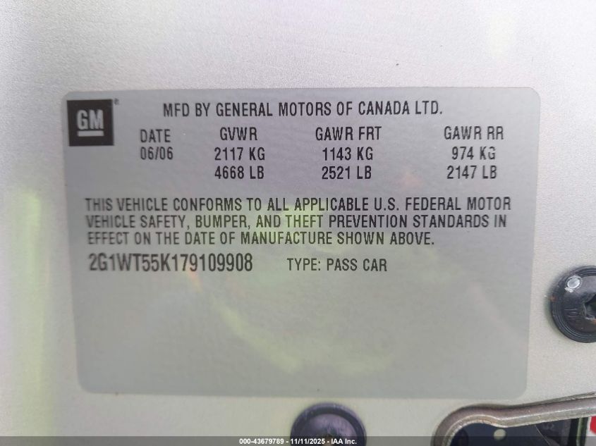 2007 Chevrolet Impala Lt VIN: 2G1WT55K179109908 Lot: 43679789