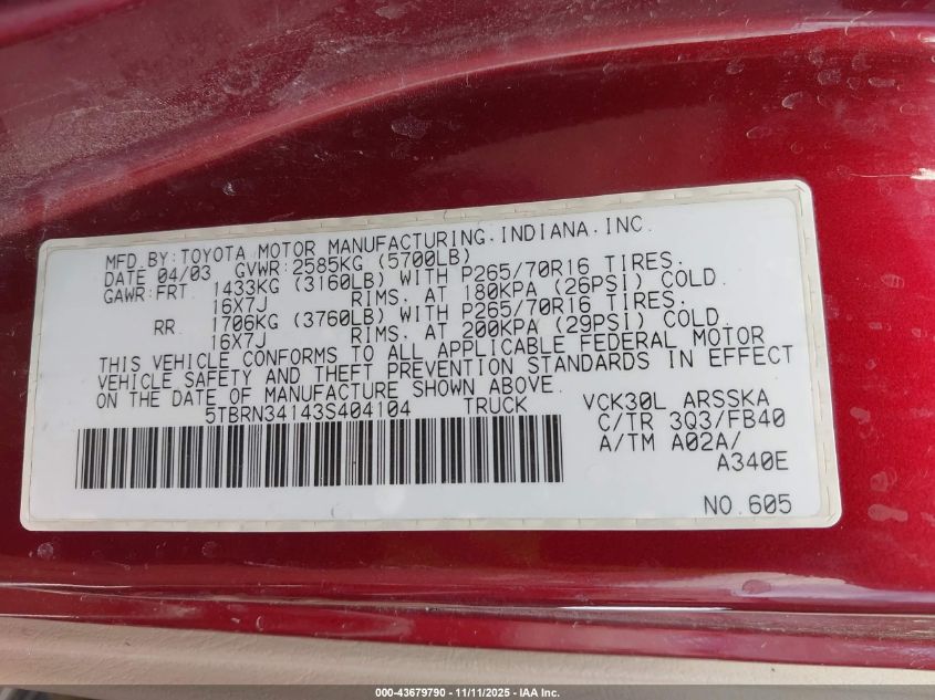 2003 Toyota Tundra Sr5 VIN: 5TBRN34143S404104 Lot: 43679790