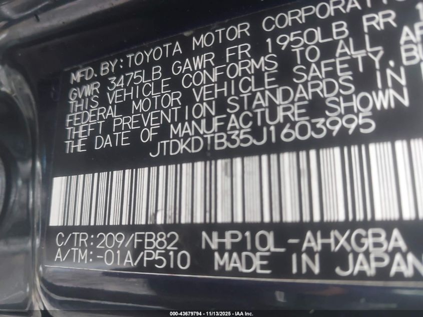 2018 Toyota Prius C Three VIN: JTDKDTB35J1603995 Lot: 43679794