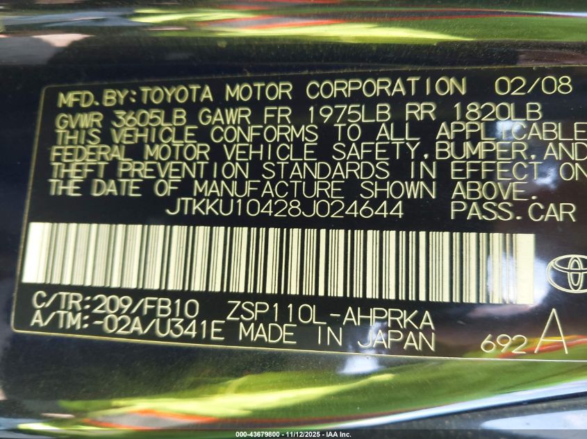 2008 Scion Xd VIN: JTKKU10428J024644 Lot: 43679800