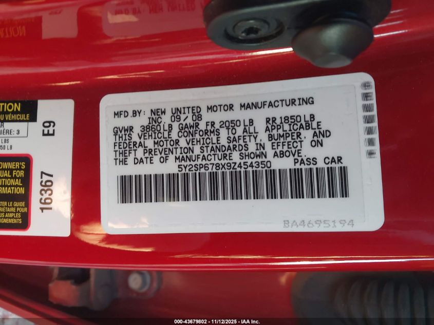 2009 Pontiac Vibe VIN: 5Y2SP678X9Z454350 Lot: 43679802