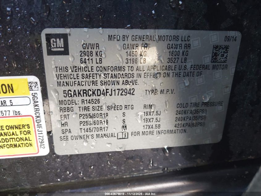 2015 Buick Enclave Premium VIN: 5GAKRCKD4FJ172942 Lot: 43679819