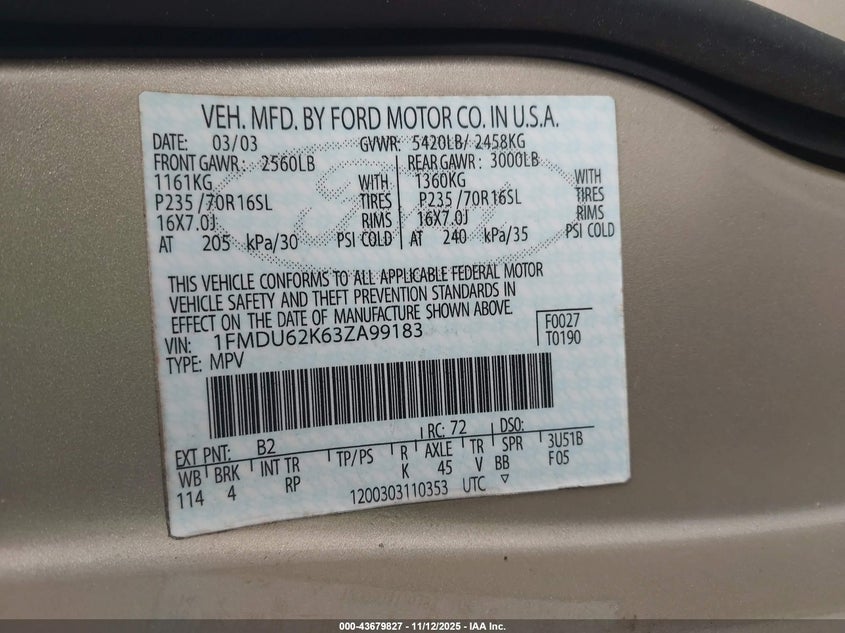 1FMDU62K63ZA99183 2003 FORD EXPLORER photo no. 9
