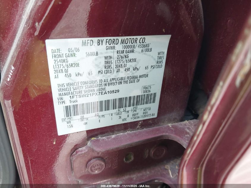 2007 Ford F-250 Lariat/Xl/Xlt VIN: 1FTSW21PX7EA10529 Lot: 43679829