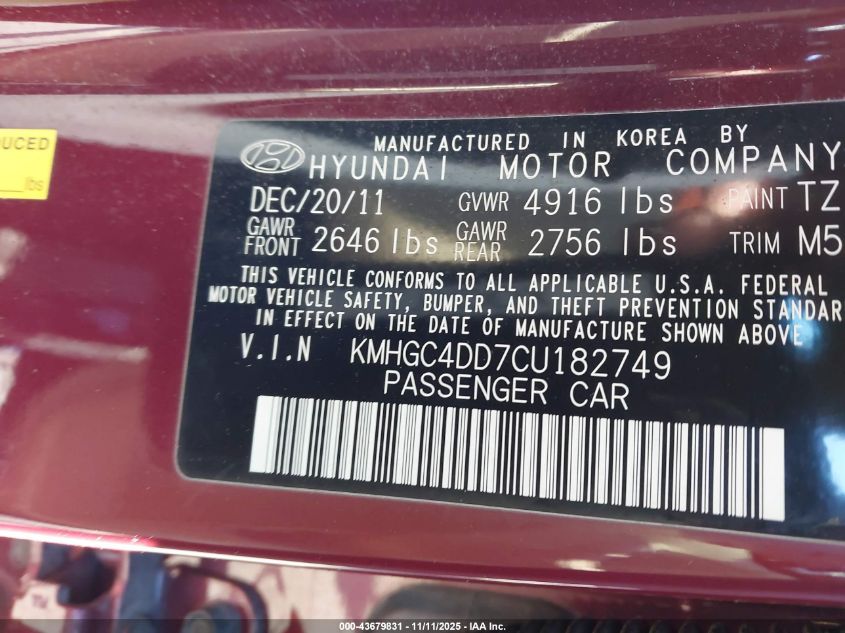 2012 Hyundai Genesis 3.8 VIN: KMHGC4DD7CU182749 Lot: 43679831