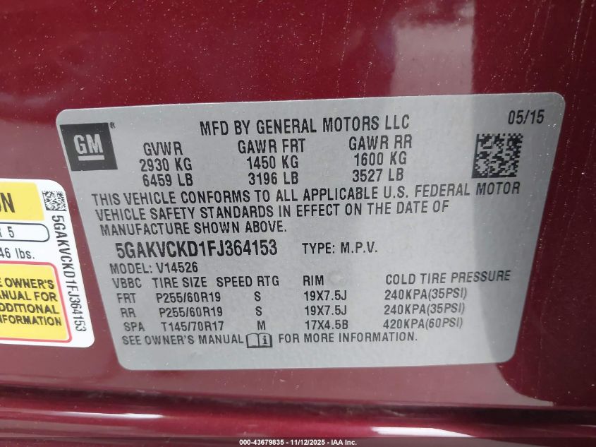 2015 Buick Enclave Premium VIN: 5GAKVCKD1FJ364153 Lot: 43679835