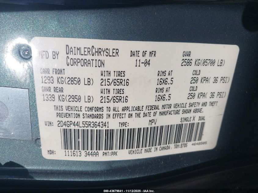 2005 Dodge Grand Caravan Sxt VIN: 2D4GP44L55R364341 Lot: 43679841