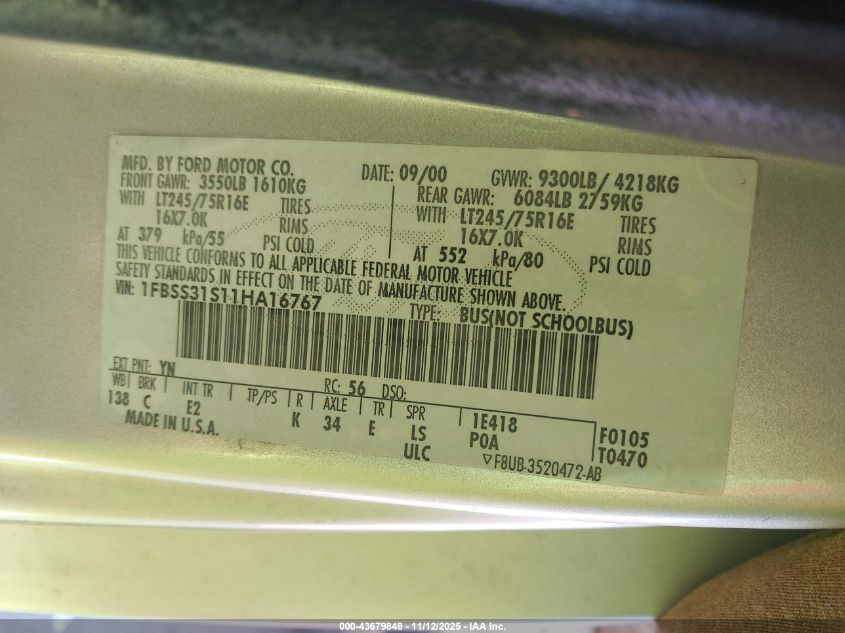 2001 Ford E-350 Super Duty Xl/Xlt VIN: 1FBSS31S11HA16767 Lot: 43679848