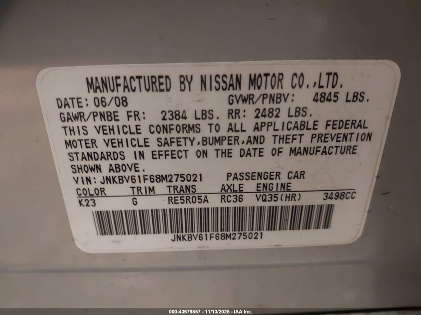 2008 Infiniti G35X VIN: JNKBV61F68M275021 Lot: 43679857