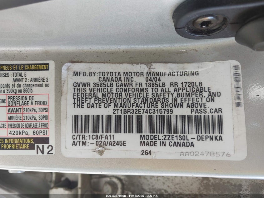 2T1BR32E74C315799 2004 TOYOTA COROLLA photo no. 9