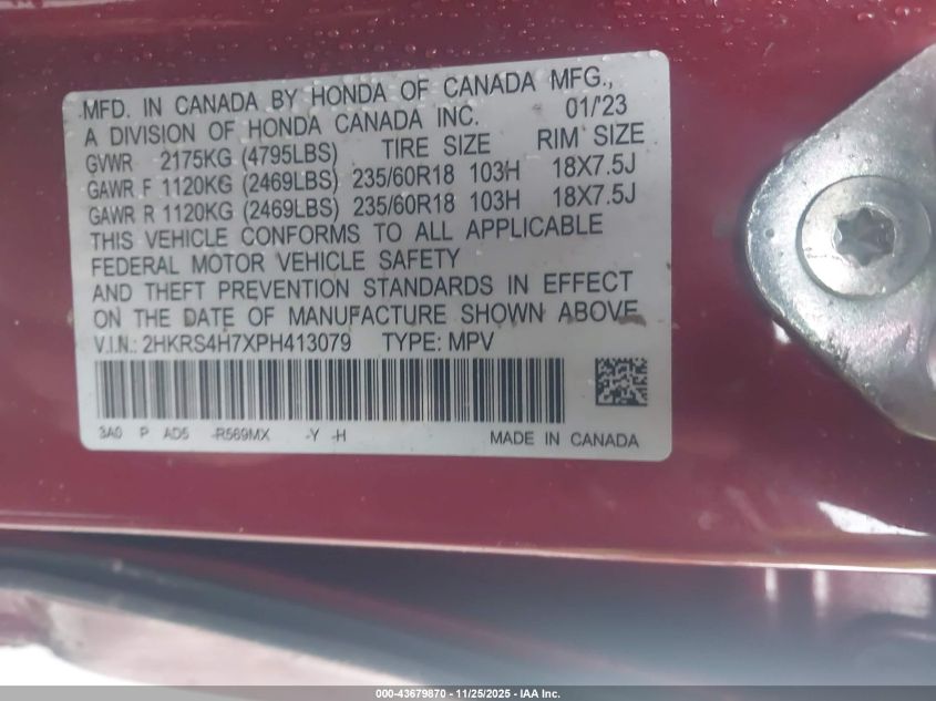 2023 Honda Cr-V Ex-L Awd VIN: 2HKRS4H7XPH413079 Lot: 43679870