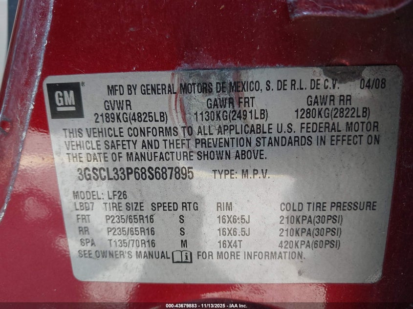 3GSCL33P68S687895 2008 SATURN VUE photo no. 9