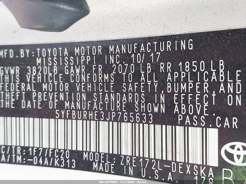 2018 Toyota Corolla Se VIN: 5YFBURHE3JP765633 Lot: 43679885