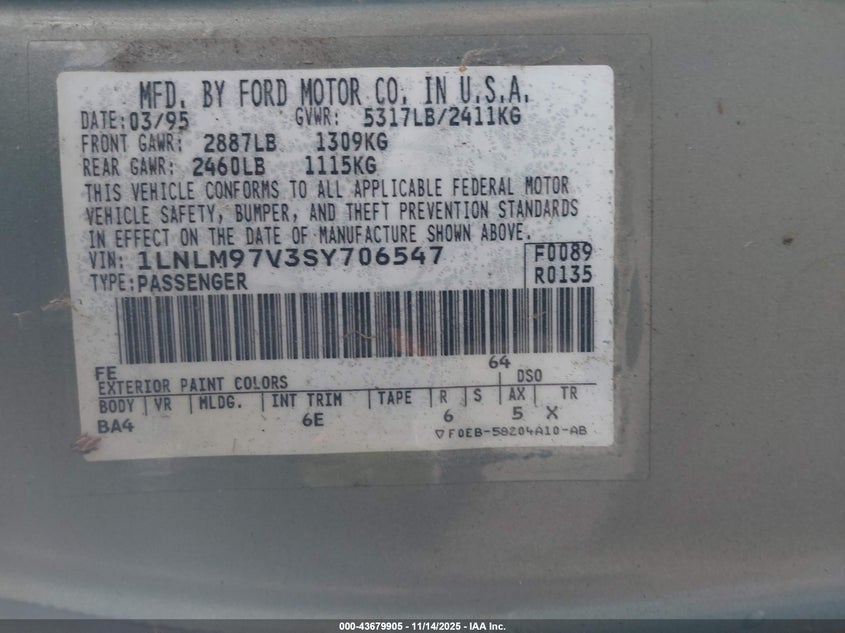 1995 Lincoln Continental VIN: 1LNLM97V3SY706547 Lot: 43679905