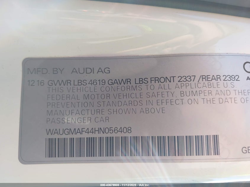 2017 Audi A4 2.0T Ultra Premium VIN: WAUGMAF44HN056408 Lot: 43679908