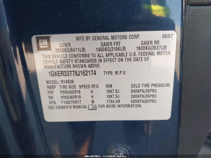 2008 GMC Acadia Slt-2 VIN: 1GKER33778J162174 Lot: 43679913