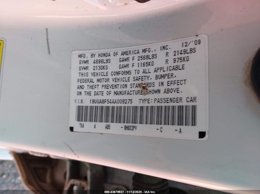 2010 Acura Tl 3.5 VIN: 19UUA8F54AA008275 Lot: 43679927