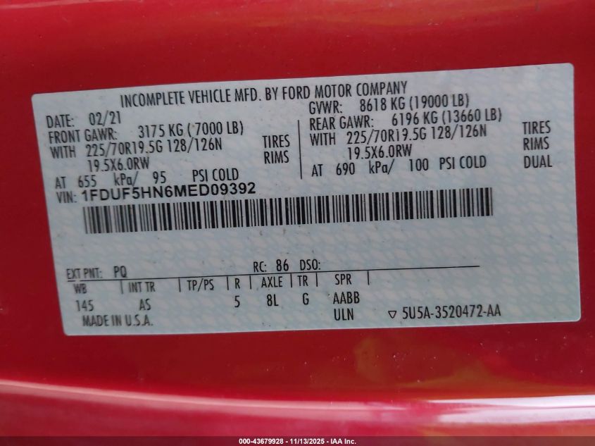 2021 Ford F-550 Chassis Xl VIN: 1FDUF5HN6MED09392 Lot: 43679928