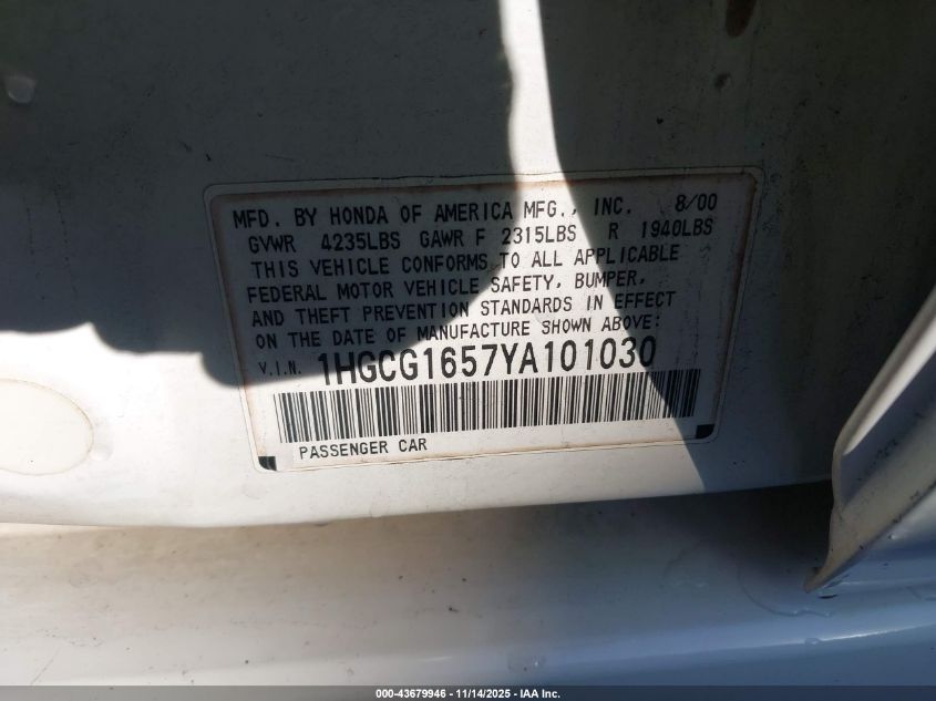 2000 Honda Accord 3.0 Ex VIN: 1HGCG1657YA101030 Lot: 43679946