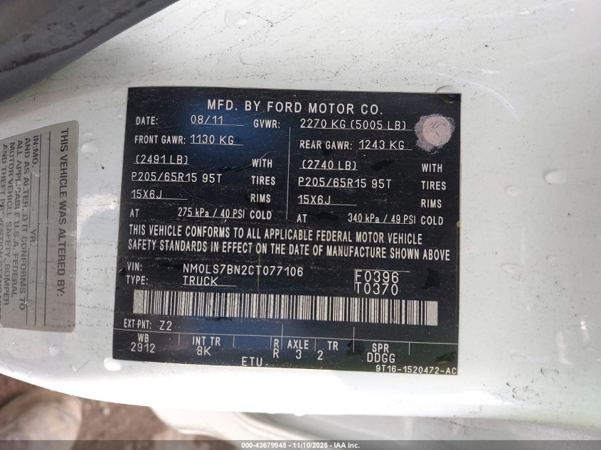 2012 Ford Transit Connect Xlt VIN: NM0LS7BN2CT077106 Lot: 43679948