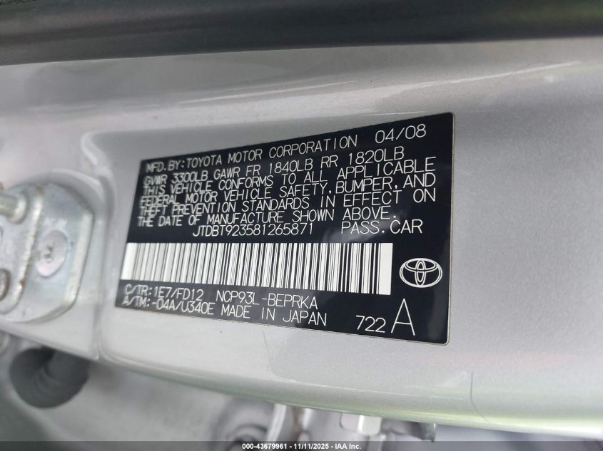 2008 Toyota Yaris VIN: JTDBT923581265871 Lot: 43679961