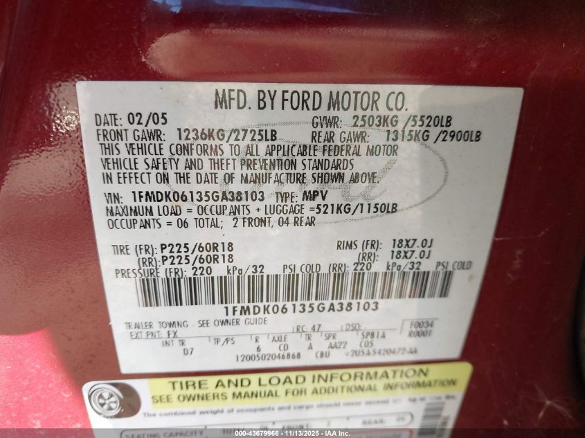 2005 Ford Freestyle Limited VIN: 1FMDK06135GA38103 Lot: 43679966