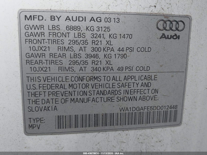 WA1DGAFE5DD012448 2013 AUDI Q7 photo no. 9