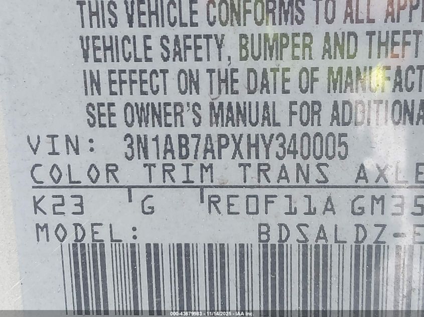 2017 Nissan Sentra Sv VIN: 3N1AB7APXHY340005 Lot: 43679983