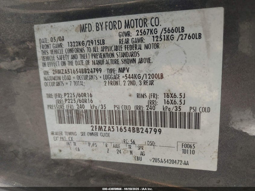 2004 Ford Freestar Se VIN: 2FMZA51654BB24799 Lot: 43679984